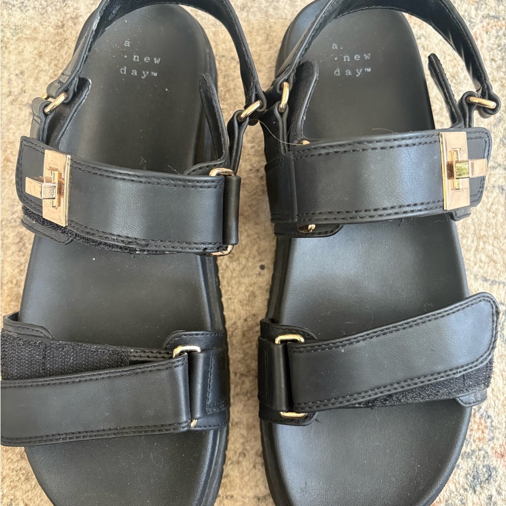 A New Day Black Sandals with Gold Buckles